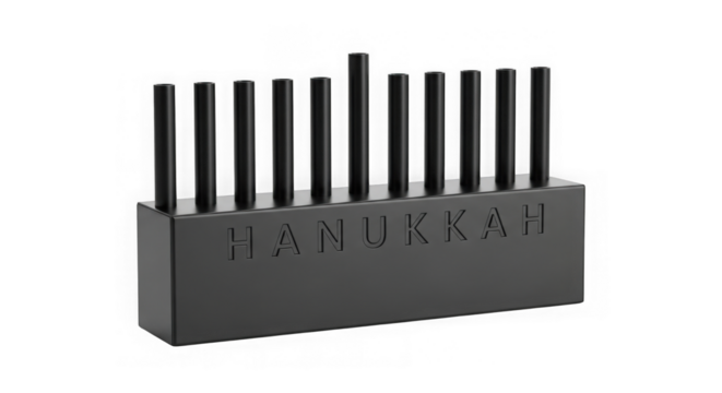 Modern Black Hanukkah Menorah With Embossed Text On Black Background - Powered by Adobe