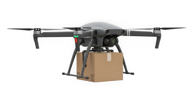 Modern Drone Delivering Cardboard Package On Black Background