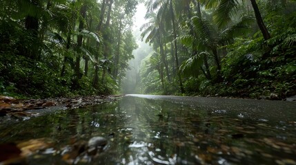 Obraz premium Rain-Kissed Path in Lush Rainforest: Journey along a serene pathway that leads through the heart of a vibrant rainforest, where the air is thick with humidity and the symphony of nature resonates.