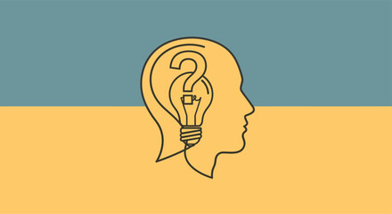 Human head containing lightbulb and question mark represents problem solving and critical thinking on a blue and yellow backdrop, depicting innovation and intelligence.