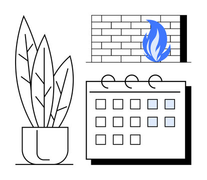 Potted plant, calendar with marked dates, and brick wall with flame icon. Ideal for scheduling, productivity, safety, environmental themes, planning interior decor and fire awareness. Simple flat