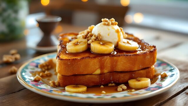 A delicious stack of golden French toast topped with banana slices, walnuts, a scoop of ice cream, and drizzled with syrup.
