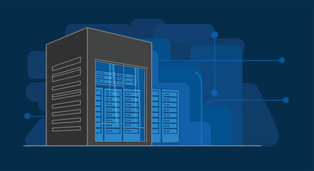 Data center stores and processes information in a secure server room with blue hues representing technology and connectivity, conveying efficiency.