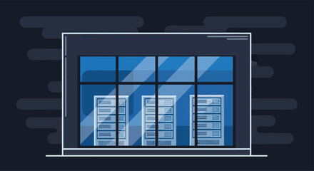 Data center displays servers behind glass windows with dark tones creating a modern and secure technology environment.
