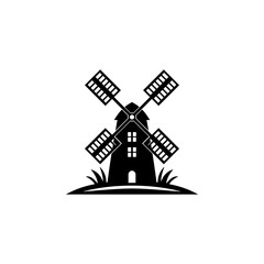 Vector illustration of a traditional windmill with large blades standing on grassy ground in a simple black design