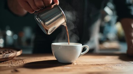 A barista's hand expertly pours dark liquid from a metal pitcher into a steaming white coffee cup on a wooden counter. - Powered by Adobe