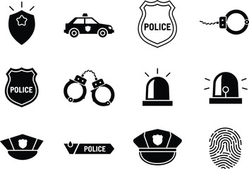 Police symbols and law enforcement vector icons set, including badge, patrol car, handcuffs, siren light, police hat, fingerprint, and security elements illustrationv © Shafik Creatives