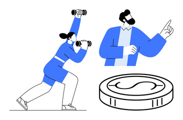 Obraz premium Woman with binoculars steps forward searching opportunities, man leads strategy, large coin symbolizes finance. Ideal for leadership, teamwork, investment, growth, focus, exploration simple flat