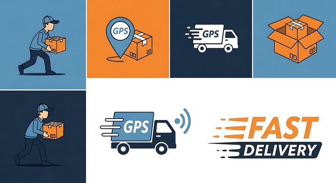 Fast Delivery and GPS Tracking Service Icons Set.