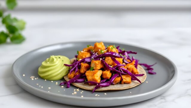 A healthy sweet potato taco with red cabbage slaw and avocado crema on a grey plate.