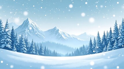Winter Mountain Landscape with Falling Snow, Blue Pine Forest, and Snowy Peaks Illustration