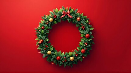 Classic Christmas Wreath on Vibrant Red Background with Copy Space  Festive Holiday Decoration