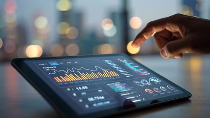 Generative AI. Close-up of a hand interacting with a digital tablet displaying colorful data visualizations and graphs, showcasing modern technology and analytics in a vibrant urban environment - Powered by Adobe
