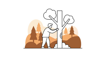 Man hugging a tree in a forest, showing love and connection to nature, promoting environmental awareness and conservation, depicted with simple lines and earthy tones.