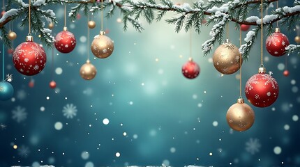 Elegant Christmas Holiday Background with Red  Gold Ornaments, Snowy Pine Branches, and Festive Bokeh