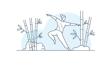 Woman practices martial arts among bamboo stalks in serene garden, showcasing balance and flexibility with graceful movements in a peaceful atmosphere.