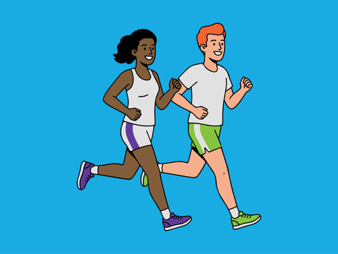Smiling couple jogging together, flat vector illustration of a black woman and red-haired man running side by side in athletic outfits on blue background