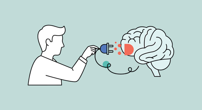 Person plugging in brain with electrical cord representing connection and power for mental health and cognitive function in a modern, clean style.