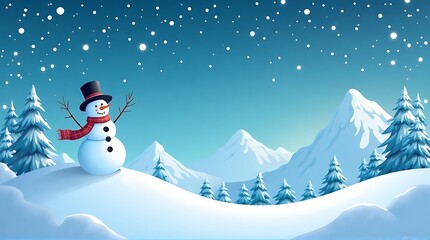 Cheerful Snowman in Snowy Winter Mountain Landscape with Falling Snow and Pine Trees, Christmas Holiday