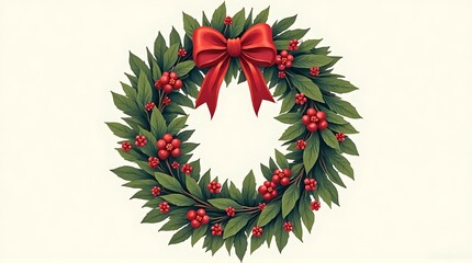 Traditional Christmas Wreath with Red Bow, Holly Leaves, and Berries - Festive Holiday Decoration