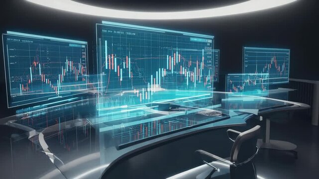 Generative AI. Futuristic workspace featuring transparent digital screens displaying financial data and analytics, with sleek desk and modern chair, ideal for technology and finance concepts - Powered by Adobe