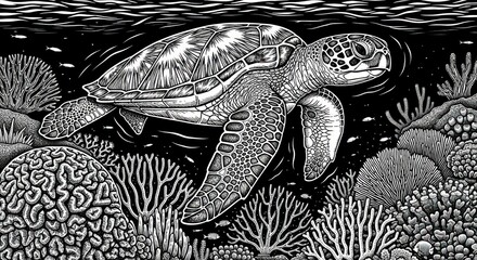 Detailed illustration of a swimming turtle among coral reefs underwater