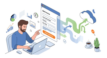 Digital Invoice Process Man Pointing to Online Form with Cloud Integration