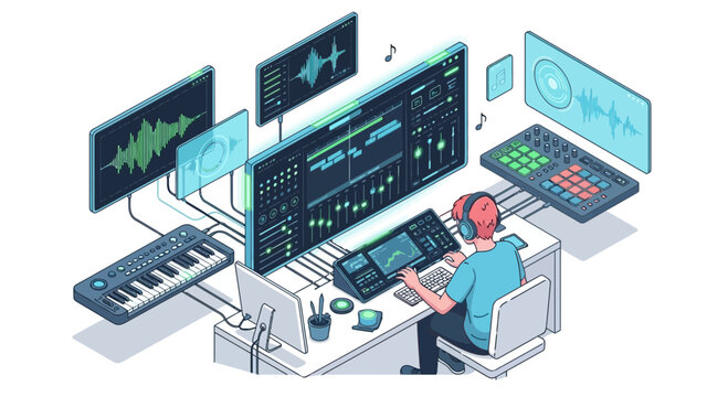 Digital Audio Workstation Setup with a Musician at the Desk