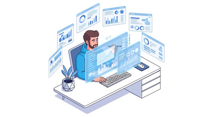 Modern Data Analyst Working with Charts and Graphs on Digital Screens