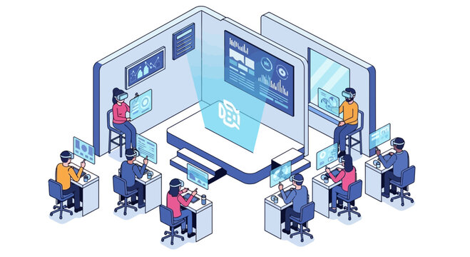 Isometric Illustration of Virtual Reality Conference with Attendees and Stage