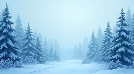 Serene Winter Forest Landscape with Snowy Pine Trees and Misty Path  Tranquil Blue Nature Background