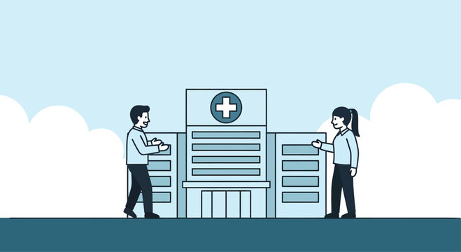 Two people standing in front of hospital building, representing healthcare access and community health initiatives on a bright, hopeful day.