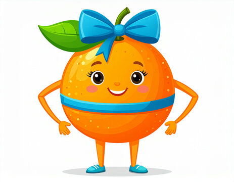A cheerful cartoon orange character with a blue bow and happy expression.