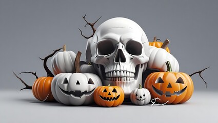 Spooky Halloween still life with a skull and pumpkins