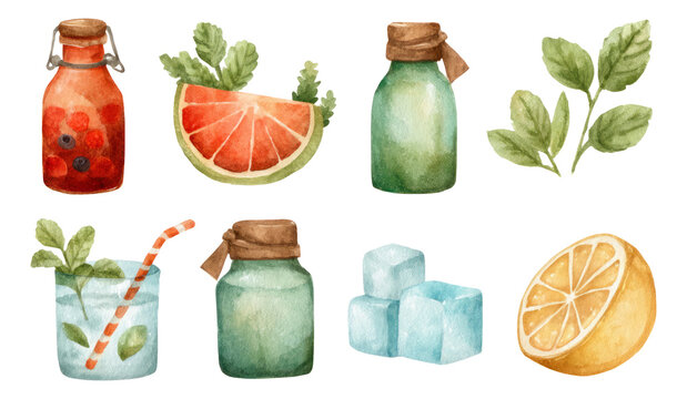 Colorful watercolor collection of fruit, leaves, and drinks with transparent background
