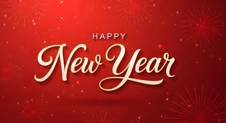 Elegant golden calligraphy text happy new year on a sparkling red background with subtle glittering dots