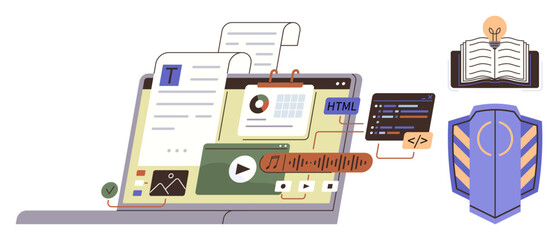 Laptop displaying web development tools, media elements, coding windows, and data charts with book and shield. Ideal for web programming, cybersecurity, multimedia, e-learning, analytics digital