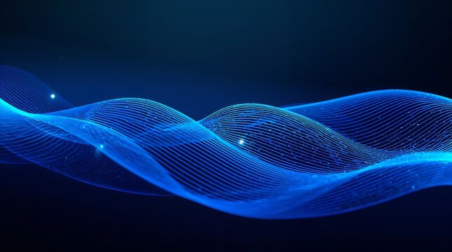 Abstract blue digital data wave and glowing particles on dark background