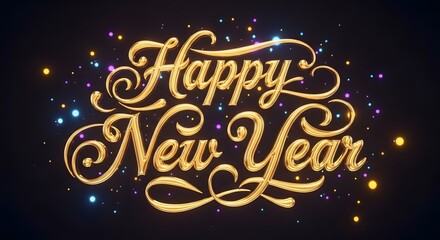 Golden happy new year calligraphy with sparkling lights and confetti against a dark background