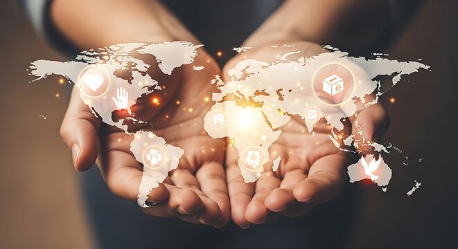 Hands Holding Illuminated World Map with Digital Icons in Warm Light