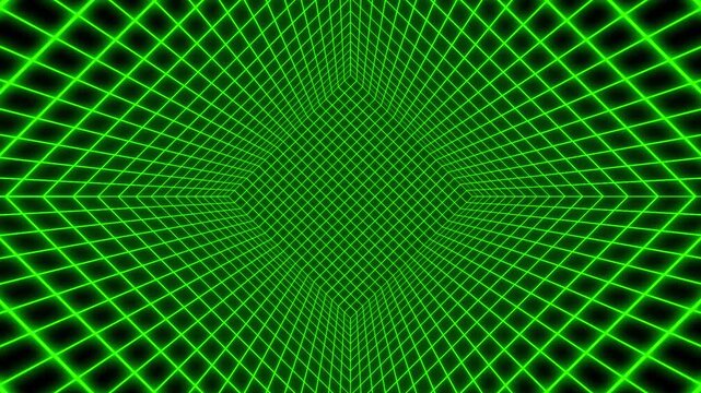 A looping neon green thin line grid tilt at 45° animation with forced perspective background.