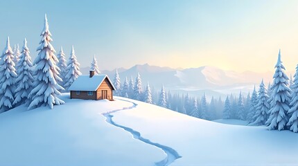 Cozy Winter Cabin in Serene Snow Landscape, Foothills  Pine Forest at Sunrise, Idyllic Mountain Vista