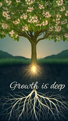 Symbolic tree with glowing roots showing deep growth in nature