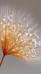 Obraz premium Macro Image of Golden Dandelion Filaments Adorned with Sparkling Dew Drops Illuminated by Soft Light Against a Muted Gray Background