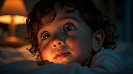 Curious Toddler's Face Lit by Warm Glow, Expressing Innocent Wonder in a Cozy Dark Room at Bedtime