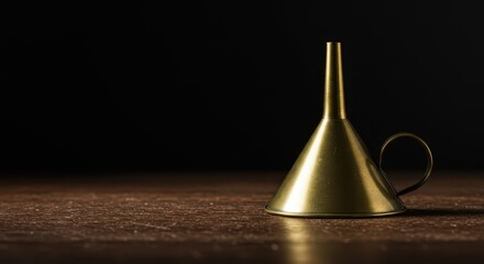 Retro, aged brass funnel resting on a textured tabletop, symbolizing a classic approach to filtering information and refining processes, marketing, surface, aged