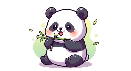 Obraz premium Happy panda sitting and eating bamboo charming design for kids, stationery, and playful merchandise.