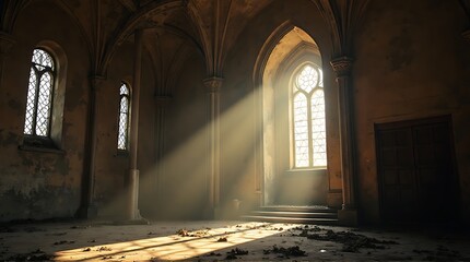 Dramatic Sunbeams in Ancient Gothic Hall Ethereal Light Streaming Through Arched Windows of Historic Church Interior