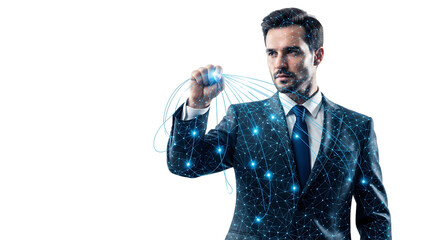 A professional man holds a network cable, symbolizing technology and connectivity. The image has a business and modern aesthetic, isolated on transparent background