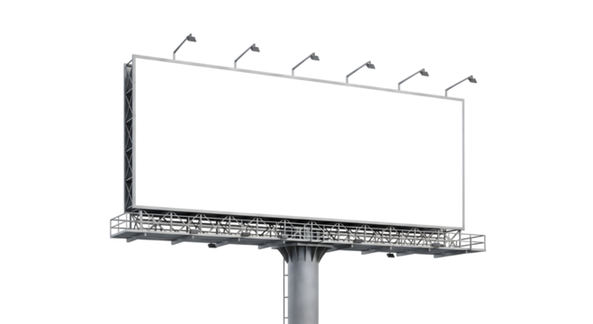 A blank billboard stands tall against a plain backdrop, ready for advertising messages. The structure is constructed of metal, isolated on transparent background - Powered by Adobe